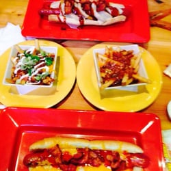 Wacky's - Drunken ring toss hotdog, loaded poutine, bacon BBQ poutine, maple BBQ bacon & cheese hotdog. The hotdogs are a full 12 in long!