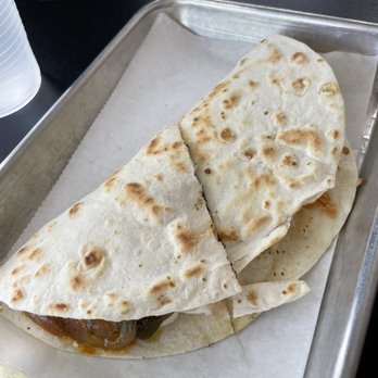 Hunger Street Tacos - Veggie quesadilla with poblano pepper. Spicy but very good. Too many onions. - Tacos Near Me - Winter Park, Florida Hunger Street Tacos - Veggie quesadilla with poblano pepper. Spicy but very good. Too many onions. - Tacos Near Me - Winter Park, Florida