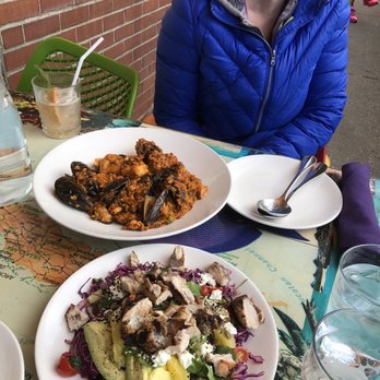 Kaya - Outside patio; Miami Salad with Jerk Chicken, Tropical Paella, Grapefruit Basil Margarita. - Caribbean Near Me - Pittsburgh, Pennsylvania