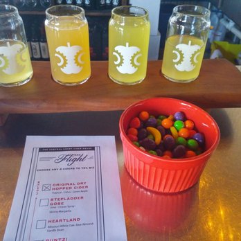 Tin City Cider - Taste flight with menu and runts candy to pair - Cideries Near Me - Paso Robles, California Tin City Cider - Taste flight with menu and runts candy to pair - Cideries Near Me - Paso Robles, California