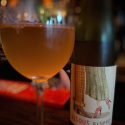 Bistro Campagne - Slightly effervescent texture, dry kumquat peel notes really work in this french orange wine. sons of wine 'bisous bisous', alsace, france.