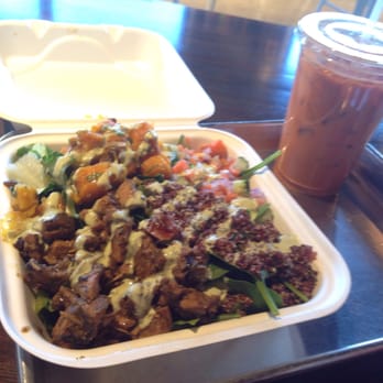 Heritage Eats - Mixed salad with jerk chicken, squash, quinoa, cilantro dressing, and a Thai tea. Delicious! - Salad Near Me - Napa, California Heritage Eats - Mixed salad with jerk chicken, squash, quinoa, cilantro dressing, and a Thai tea. Delicious! - Salad Near Me - Napa, California