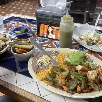 Burrito House - Shrimp Fajita Dinner Plate Plate (right) & 3 Tacos Dinner Plate (left) - Mexican Near Me - Niles, Illinois