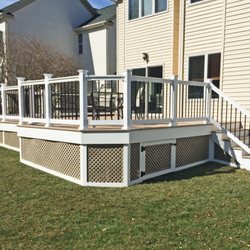HNH Deck & Porch - Deck with vinyl privacy Brownstone lattice with storage area - https://hnhdeckandporch.com/gallery.html