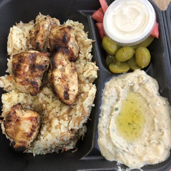 Dvine Mediterranean Experience - Long Beach - Chicken Kabob with rice and baba ghanoush - Mediterranean Near Me - Long Beach, California
