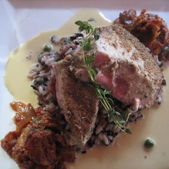 Le Chat Noir - Seared tuna with coriander seed coating, ratatouille on bed of delicious rice & delicate sauce. (Don't recall other details.) - French Near Me - Washington, DC, District of Columbia Le Chat Noir - Seared tuna with coriander seed coating, ratatouille on bed of delicious rice & delicate sauce. (Don't recall other details.) - French Near Me - Washington, DC, District of Columbia