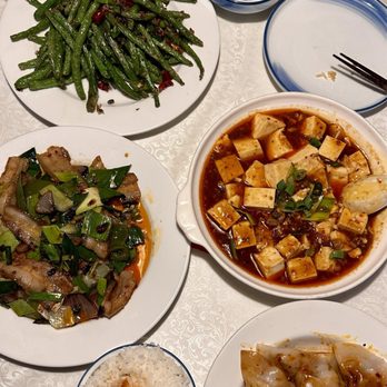 Spice Workshop - Stir-Fried Green Bean with Minced Pork, Mapo Tofu, Homestyle Pork Belly, Dumplings in Chili Oil (top to bottom) - Szechuan Near Me - Centereach, New York