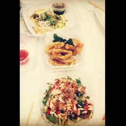 Banh bot chien, fried calamari, and banh trang cuon. Yum!