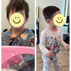 Moj Salon - His before-mop on the left and after-the-cut on the right. Couldn't get him to face me. Was too excited about his lollipop.