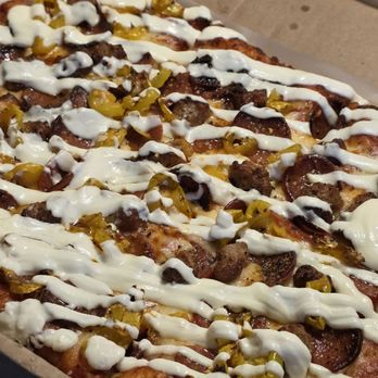 One Pie Pizza - QTR Sheet (6 slices) Cheese, Pepperoni, Italian Sausage, Banana Peppers, Ricotta Cheese Pizza - Pizza Near Me - West Seneca, New York One Pie Pizza - QTR Sheet (6 slices) Cheese, Pepperoni, Italian Sausage, Banana Peppers, Ricotta Cheese Pizza - Pizza Near Me - West Seneca, New York