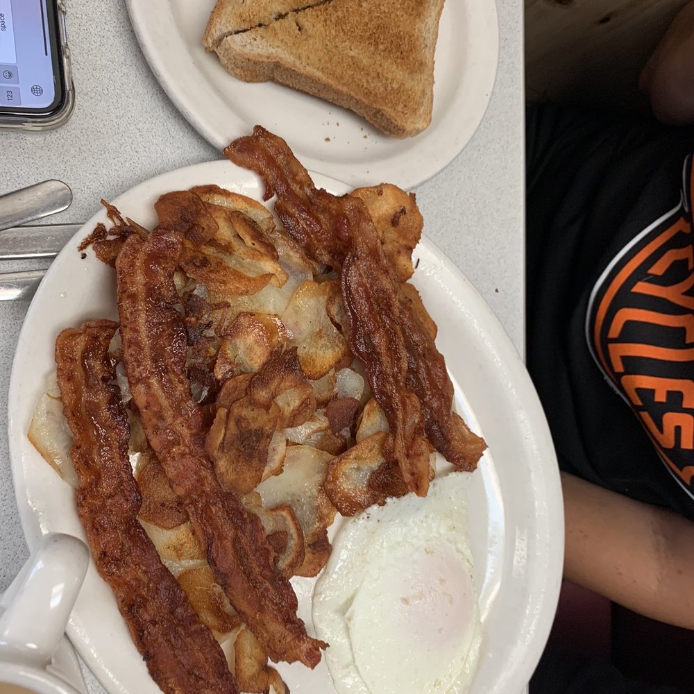 Bacon, eggs, American fries and toast Bacon, eggs, American fries and toast