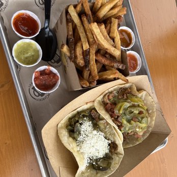 Edgewater Beer Garden - Rajas and carnitas tacos with fries. $10 lunch deal. - Beer Gardens Near Me - Edgewater, Colorado