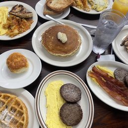 Pancakes, waffles, eggs, sausage, bacon, Pancakes, waffles, eggs, sausage, bacon,