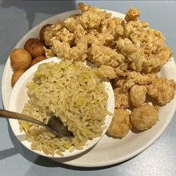 Libby Hill Seafood - Mount Airy - Clams and shrimp with rice and hush puppies