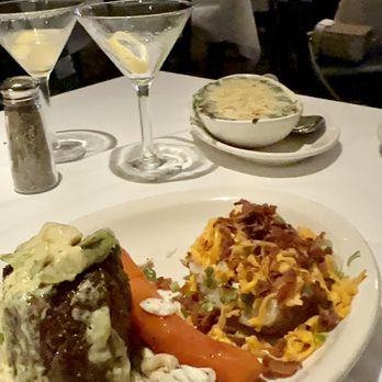 Bob's Steak & Chop House - 16 oz filet Oscar with baked potato and creamed spinach. - Steakhouses Near Me - McKinney, Texas Bob's Steak & Chop House - 16 oz filet Oscar with baked potato and creamed spinach. - Steakhouses Near Me - McKinney, Texas