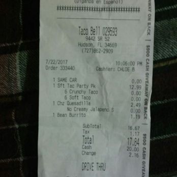 Taco Bell - My receipt and 2017 review..... - Fast Food Near Me - Hudson, Florida Taco Bell - My receipt and 2017 review..... - Fast Food Near Me - Hudson, Florida