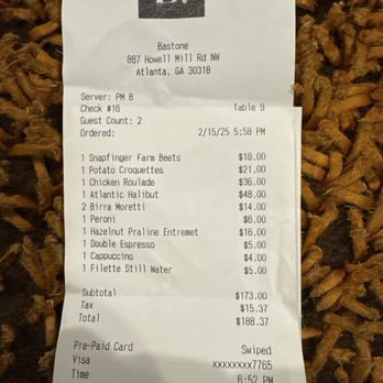 Bastone - Receipt - Pasta Shops Near Me - Atlanta, Georgia Bastone - Receipt - Pasta Shops Near Me - Atlanta, Georgia
