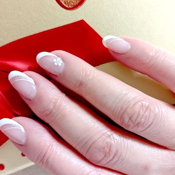 Kayla's Nail Care - Perfect little flower with angled French tip! - Nail Salons Near Me - Cupertino, California Kayla's Nail Care - Perfect little flower with angled French tip! - Nail Salons Near Me - Cupertino, California