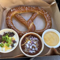 Red Barn - Giant dog pretzel with baked potato soup, chili, and cheese sauce. Yummm