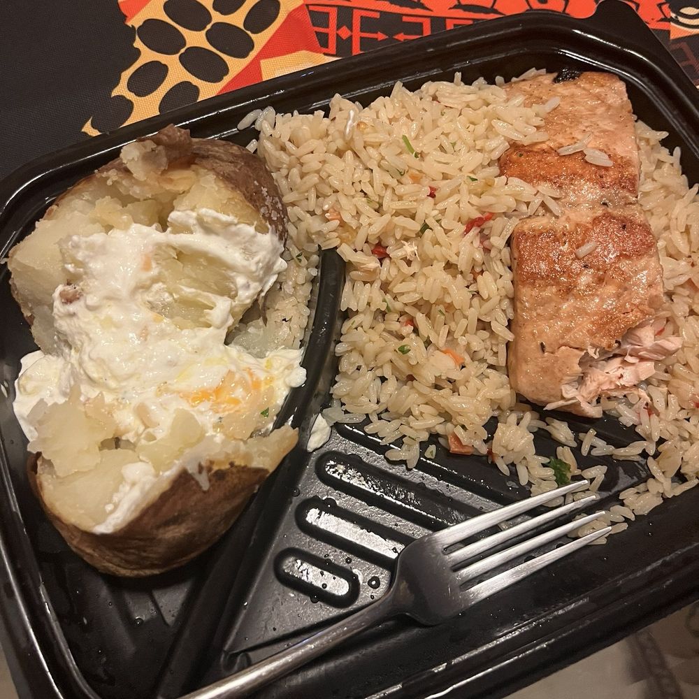 Salmon , loaded potato, rice
