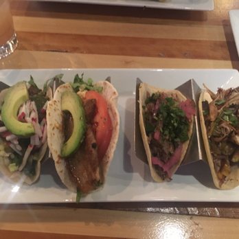 Taqueria 27 - Left to right: angus beef, poke belly, citrus pork carnitas and my FAVE duck confit :) - Mexican Near Me - Holladay, Utah