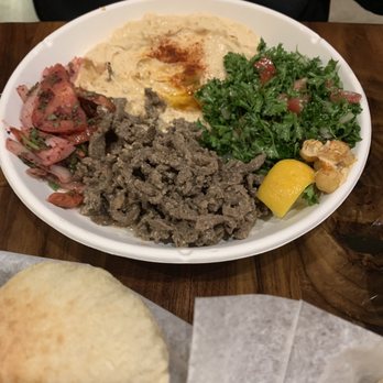 Markook Authentic Mediterranean Eats - Steak Shawarma platter with Tabulee, spicy hummus and bread! - Mediterranean Near Me - Washington, Pennsylvania