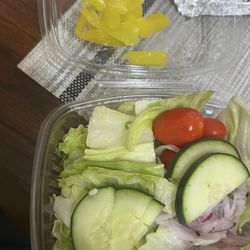 Amicci's Pizza - Side Salad that came with BEEF LASAGNA, next time I'll ask for no peppers, wasn't aware they came on it