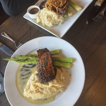 Walt's Wharf - Salmon with Carmel cream sauce(yum) and rib eye - Seafood Near Me - Seal Beach, California
