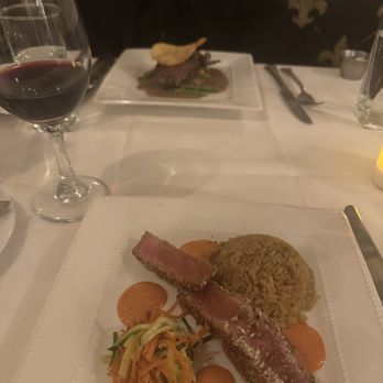Voila the Bistro - Our Mains from the incredible Five-Course tasting menu: Tuna and Filet Mignon! - New American Near Me - Saint James, New York