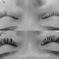 Blink Twice Lash Lounge - Full mink set individual eyelash extensions. Top: before. Bottom: after.