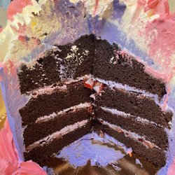 Bagel Cafe & Bakery - Giant cupcake cake. Chocolate with strawberry and vanilla frosting.