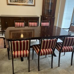 Madsen Modern - Extended matching mahogany dinning room table and eight chairs, two with armrests. Chair upholstery new condition.