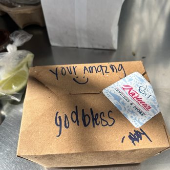 Karina's Ceviches & More - Fish taco to go signed by Abby! - Mexican Near Me - San Diego, California