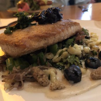 Fearing's Restaurant - Salmon with brocolini and blueberries. Really spectacular - New American Near Me - Dallas, Texas