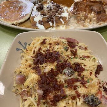 Snooze, an A.M. Eatery - Pancake Flight Customized Some sort of Pork Belly Carbonara - Breakfast & Brunch Near Me - Nashville, Tennessee