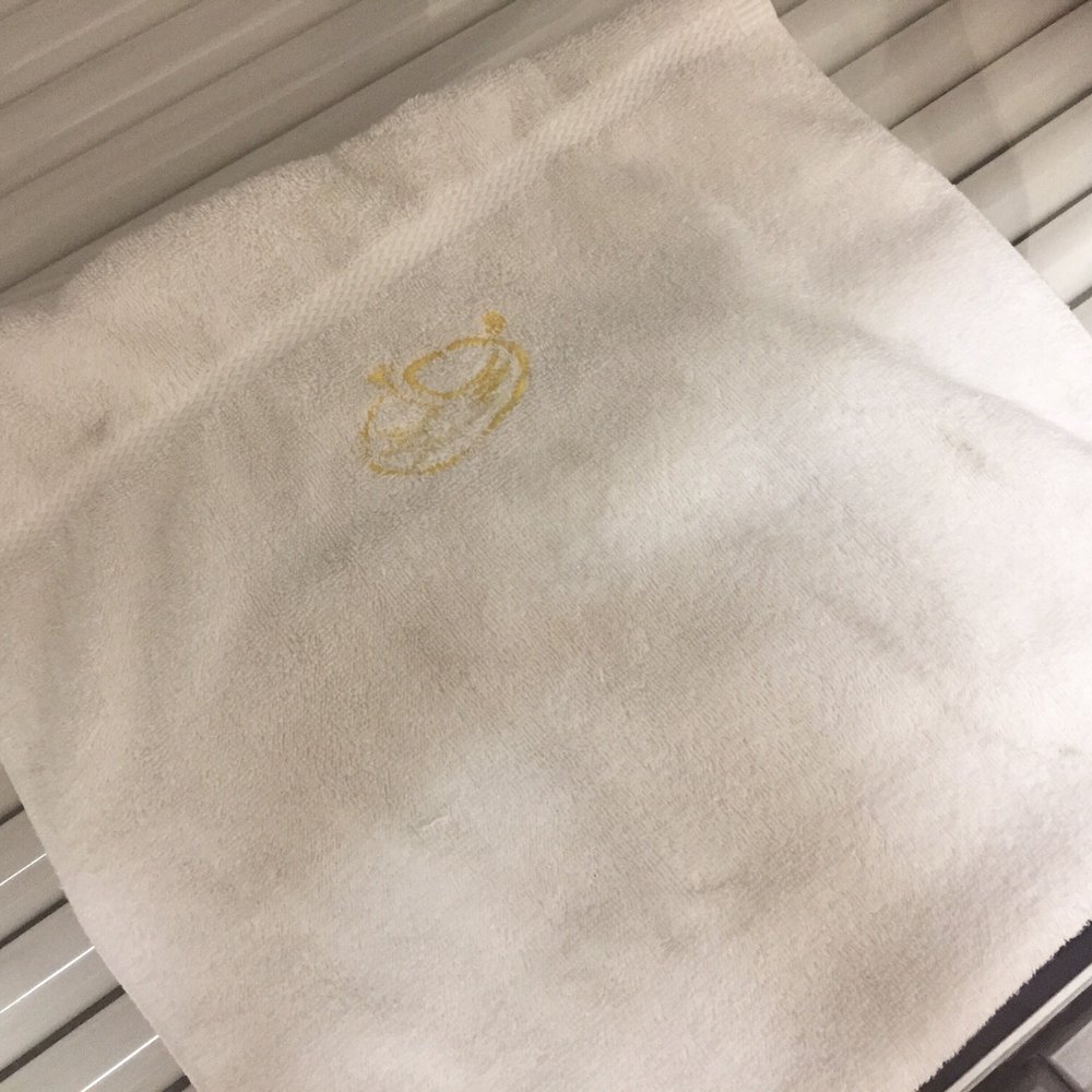 Black streaks on the "clean" towel they gave me... (Not from me; I don't wear makeup when I go) Black streaks on the "clean" towel they gave me... (Not from me; I don't wear makeup when I go)