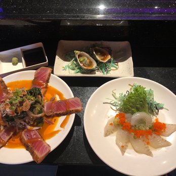 Yomama Sushi - (Left) Cajun Tuna sashimi, (top) Oysters, (right) Halibut sashimi - Sushi Bars Near Me - Camarillo, California Yomama Sushi - (Left) Cajun Tuna sashimi, (top) Oysters, (right) Halibut sashimi - Sushi Bars Near Me - Camarillo, California