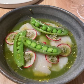 Claud - snap peas over scallop crudo - Wine Bars Near Me - New York, New York Claud - snap peas over scallop crudo - Wine Bars Near Me - New York, New York