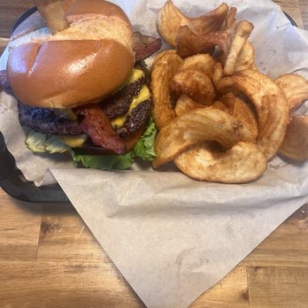 TJ's Burgers, Wings, and Pizza - Cheeseburger with bacon and extra patty and sidewinder fries - Chicken Wings Near Me - Jackson, Missouri TJ's Burgers, Wings, and Pizza - Cheeseburger with bacon and extra patty and sidewinder fries - Chicken Wings Near Me - Jackson, Missouri