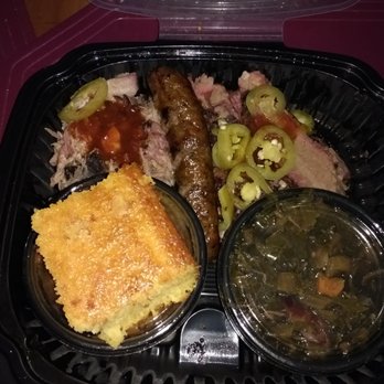 Dinosaur Bar-B-Que - Combo meal- 3 meats and 2 sides. Pictured is pulled pork, brisket, and a hot link sausage. Comes with cornbread. - Barbeque Near Me - Rochester, New York