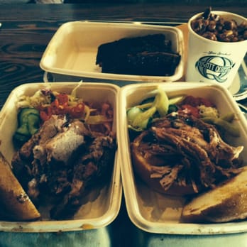 Mighty Quinn's Barbeque - Brisket(l), Pulled Pork(r), Ribs & Baked Beans w/Burnt Ends(r). - Barbeque Near Me - Clifton, New Jersey