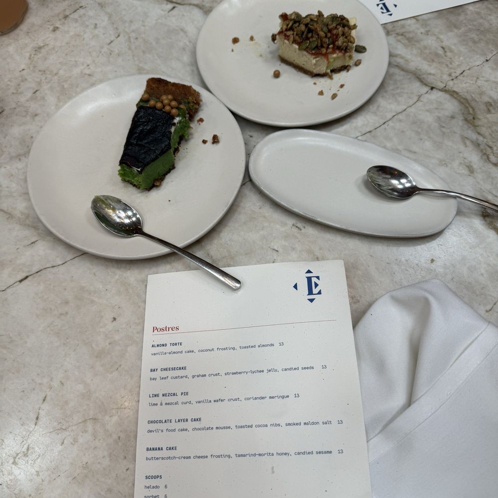 Este - Bay leaf cheesecake (top) and mezcal pie (bottom) - Seafood Near Me - Austin, Texas Este - Bay leaf cheesecake (top) and mezcal pie (bottom) - Seafood Near Me - Austin, Texas