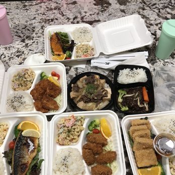 Bento-ya Goemon - From top: Salmon Teriyaki; flounder; sukiyaki bowl; Hamburg steak; mackerel; fried oyster; tofu. I'm so full. All day. - Sushi Bars Near Me - Issaquah, Washington Bento-ya Goemon - From top: Salmon Teriyaki; flounder; sukiyaki bowl; Hamburg steak; mackerel; fried oyster; tofu. I'm so full. All day. - Sushi Bars Near Me - Issaquah, Washington