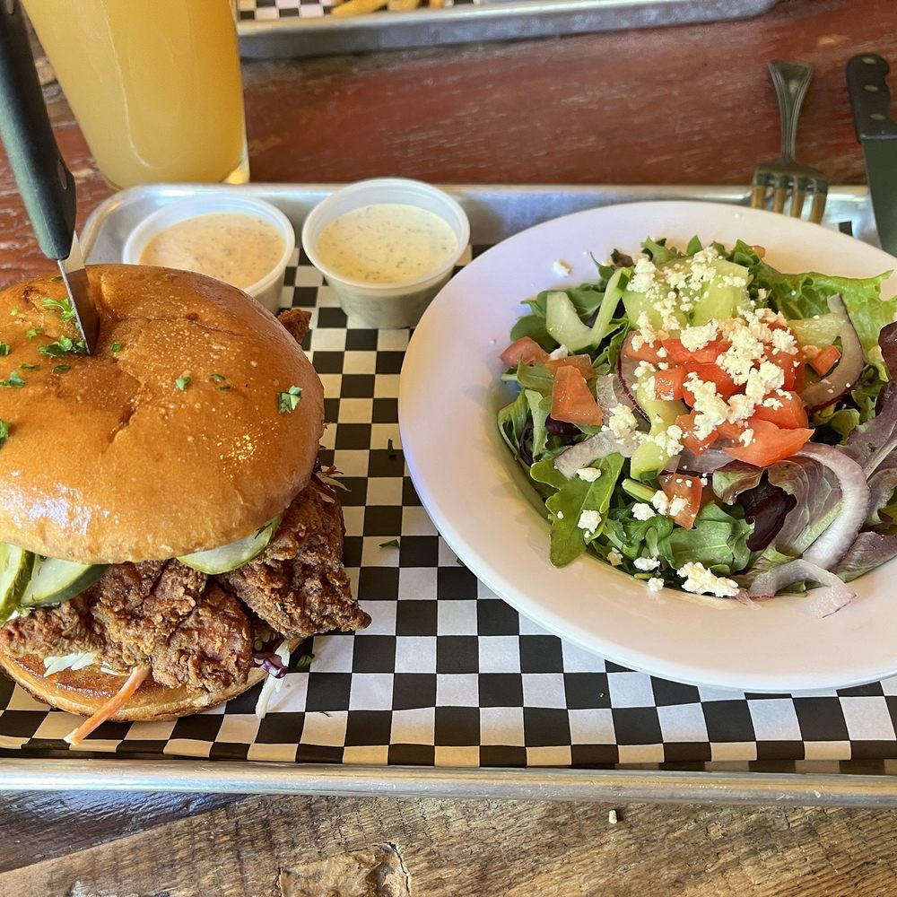 Represa Grill by Chef William Hartzell - Buttermilk Fried Chicken Sandwich with side salad - Burgers Near Me - Folsom, California Represa Grill by Chef William Hartzell - Buttermilk Fried Chicken Sandwich with side salad - Burgers Near Me - Folsom, California