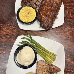 13 Bones - Grilled Tuna, asparagus, mashed potatoes   Steak & Rib Combo with Mac & Cheese