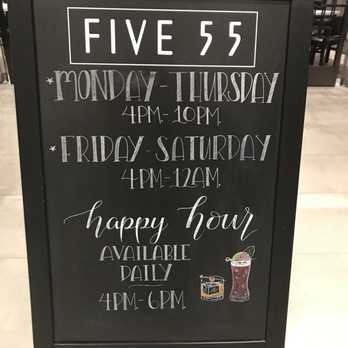Five55 - Hours and Happy Hour signage. Note, the Friday evening we were there, it was busy but they closed around 10:30 PM. - Cocktail Bars Near Me - Monterey Park, California Five55 - Hours and Happy Hour signage. Note, the Friday evening we were there, it was busy but they closed around 10:30 PM. - Cocktail Bars Near Me - Monterey Park, California