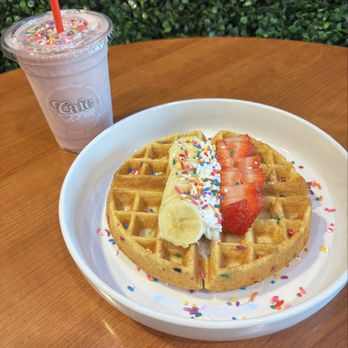 Cafe Plus - Freshly made Birthday Cake protein waffle paired with a Birthday Cake protein shake. - Cafes Near Me - Oakley, California Cafe Plus - Freshly made Birthday Cake protein waffle paired with a Birthday Cake protein shake. - Cafes Near Me - Oakley, California