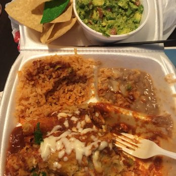 Las Ranas Cafe - Carne Asada Enchilada (3) combo w/side of guac & chips. Not bland at all; fresh and tasty! - Mexican Near Me - Los Angeles, California