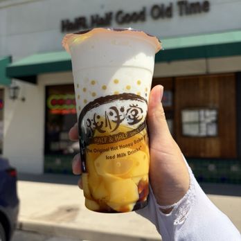 Half & Half Good Old Time - Iced Milk Drink with Egg Pudding, Honey Boba (Large) - Taiwanese Near Me - San Gabriel, California