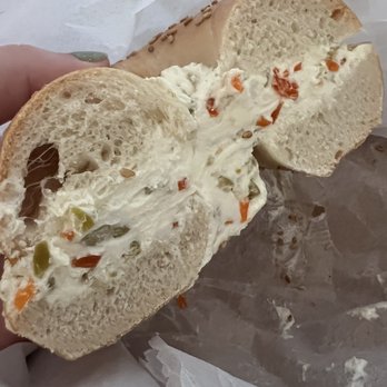 Tal Bagels - Olive Cream Cheese Bagel. Tough and not fresh at all. - Bagels Near Me - New York, New York Tal Bagels - Olive Cream Cheese Bagel. Tough and not fresh at all. - Bagels Near Me - New York, New York